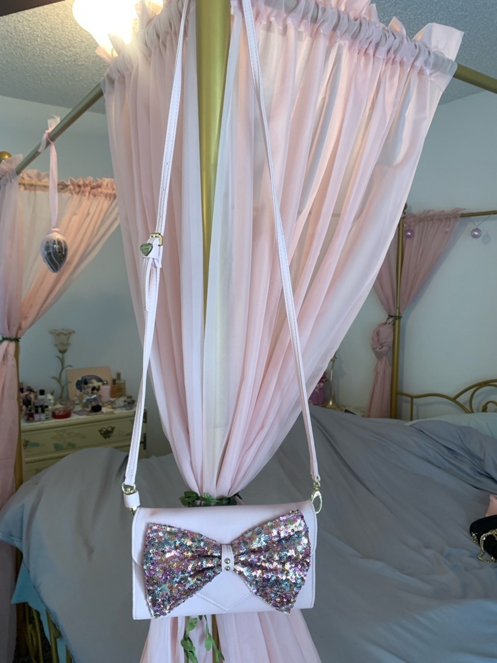 Betsey Johnson Pink Sequin Bow Crossbody Bag